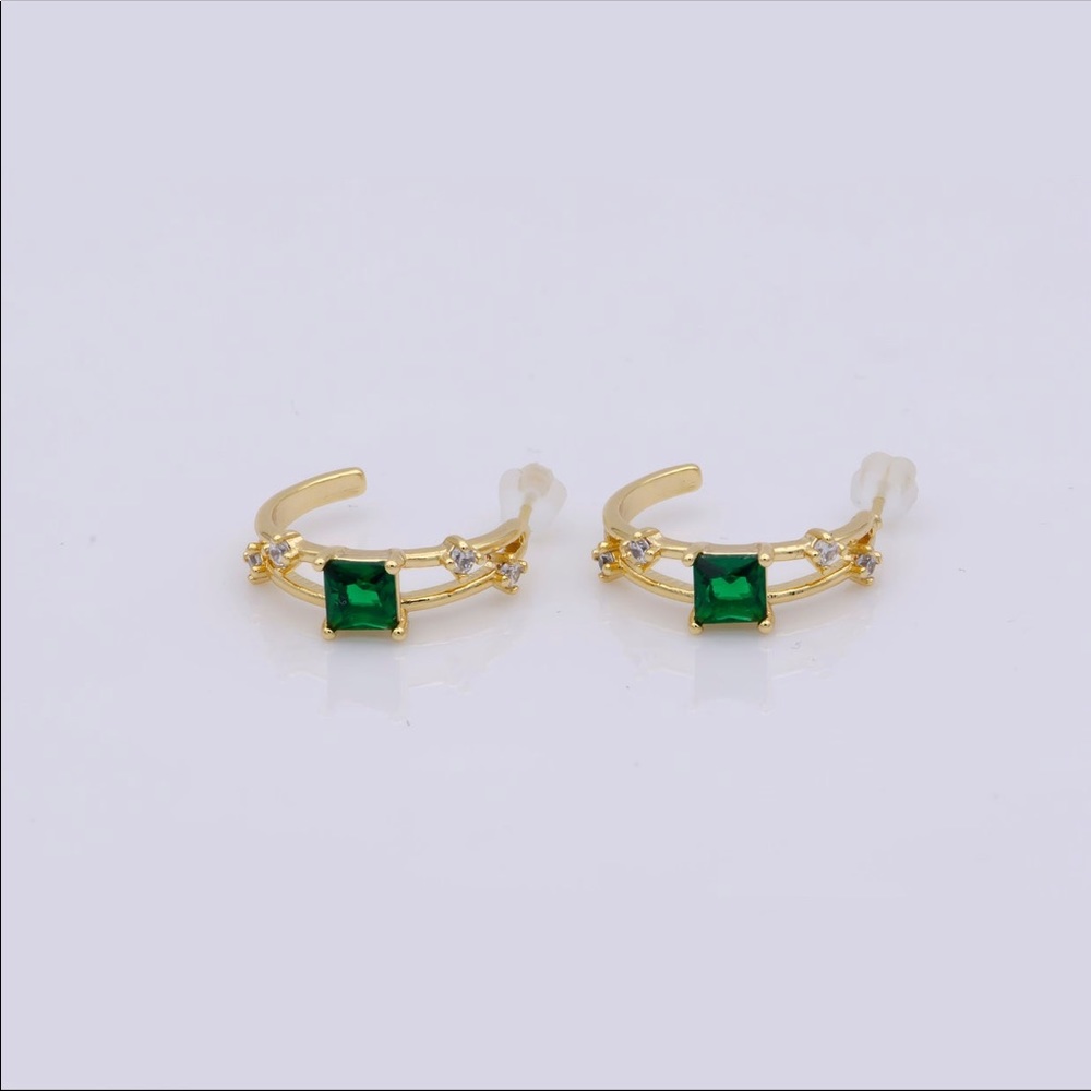 Green Emerald Cz Stone Hoop Earrings - Picture 2 of 4